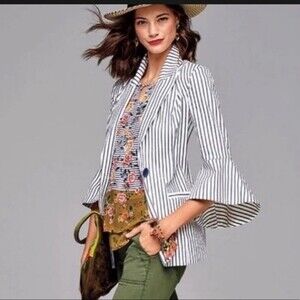 CAbi Bell Sleeve Striped Blazer in White and Navy 6